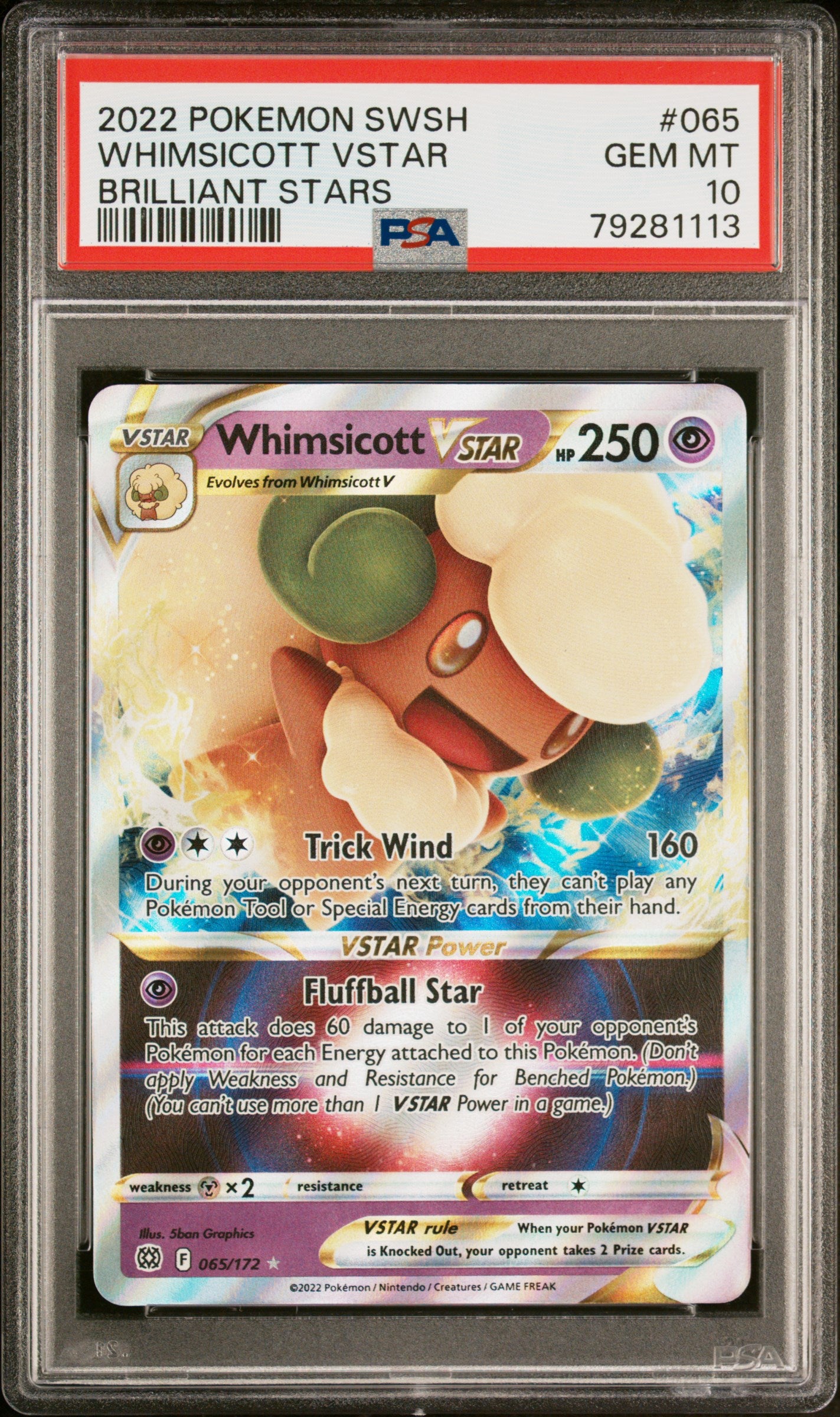 PSA 10 Whimsicott VSTAR #65 Pokemon Brilliant Stars